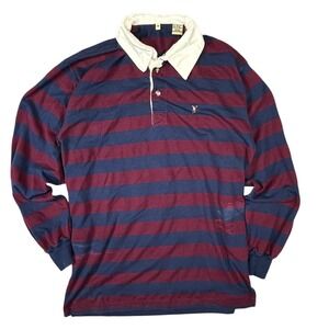 Mens Striped Long Sleeve Rugby Shirt Navy Blue Burgundy White Collar Size M